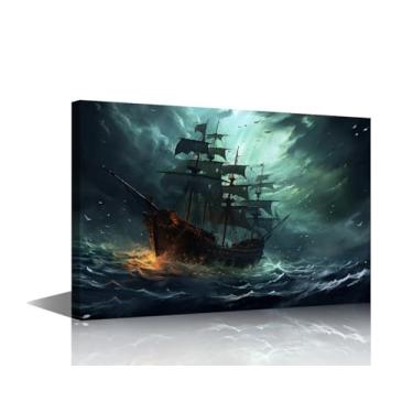 Imagem de TUMOVO Barco à vela arte de parede moderna navio pirata no mar imagem arte contemporânea impressão em tela navio de guerra quarto arte de parede quadros de navio de guerra para sala de estar