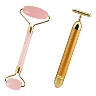 Imagem de KIT - 1 Rolo Massageador Cristal Quartzo Rosa + 1 Massageador T Facial