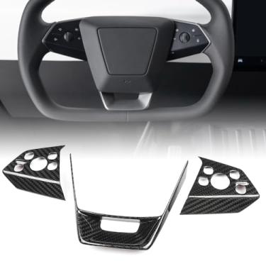 Imagem de Acabamento da capa do volante para Tesla Cybertruck 2024 2025+, para decoração de botão de controle de voz do volante Cyberbeast Interior de fibra de carbono (carbono brilhante)