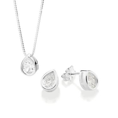 Imagem de Kit Rommanel Conjunto Brinco Colar Prata 925 Gota Zircônia