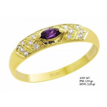 Imagem de Anel de Formatura em Ouro 18k Ametista Roxa e Brilhantes em Zircônia -