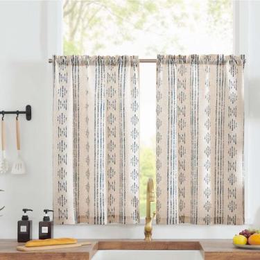 Imagem de Cortinas jinchan Boho Kitchen Linen Tier 60 cm azuis sobre bege
