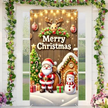 Imagem de BlissYard Boneco de neve de Papai Noel, faixa para porta de feliz Natal, 89 x 188 cm, placa de boas-vindas para decoração de cenário de neve de varanda interna ou externa com caixa de presente de