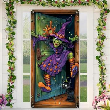 Imagem de BlissYard Capa para porta de Halloween, 89 x 188 cm, banners de porta de varanda para decoração de outono com desenho de bruxa roxa gato preto engraçado cena de casa assombrada para sinalização de