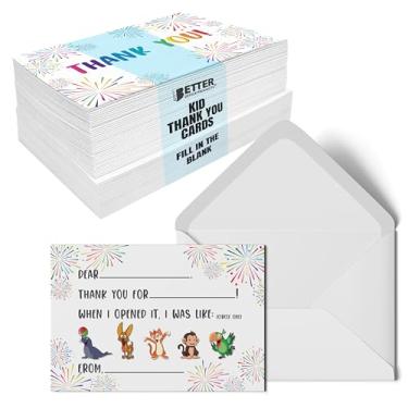 Imagem de Pacote com 50 cartões de agradecimento preenchidos com envelopes para meninos e meninas, 10 x 15 cm, design de dois lados, personagens divertidos para círculos, da Better Office Products