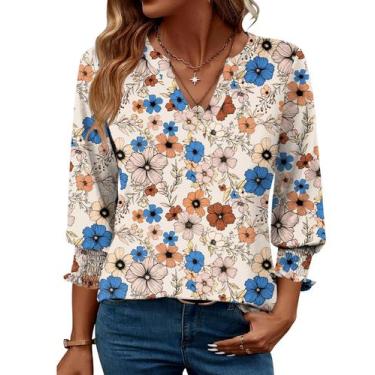 Imagem de Camiseta feminina LOMON com decote em V e manga 3/4, blusa casual