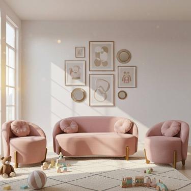 Imagem de Kit 01 Sofá 2 Lugares + 02 Poltronas Orgânicos c/ Almofadas Curvo Sala Recepção Amsterdã Boucle Rosa - Montanari`s Decor