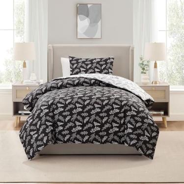 Imagem de Nestl Conjunto de edredom solteiro/solteiro GG – Conjunto de cama preta em uma bolsa, 2 peças, reversível, conjunto de cama floral macio para dormitório universitário, edredom botânico para todas as