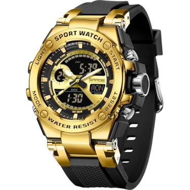 Imagem de Relógio masculino com bisel de liga leve à prova d'água, relógio analógico digital militar, tático, ao ar livre, grande, resistente, relógio de pulso duplo, LED, luminoso, alarme, cronômetro, Dourado
