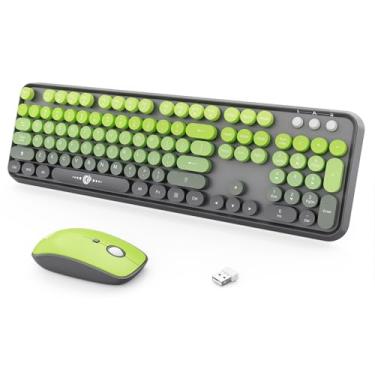 Imagem de Combo de teclado e mouse sem fio, 104 teclas redondas, teclado e mouse coloridos com máquina de escrever retrô para PC, Mac, laptop, tablet, computador, Windows, cinza, verde
