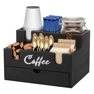 Imagem de Organizador multifuncional de madeira para cafeteria com 6 compartimentos e 1 gaveta, caixa de armazenamento de café para casa, cozinha, balcão e escritório