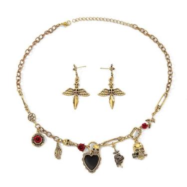 Imagem de OIDIMS Conjunto de brincos de colar gótico vintage para mulheres, pingente de coração de caveira com pingente de adaga rosa, esqueleto escuro, gargantilha de mão fantasma, pingente de gota, joia de