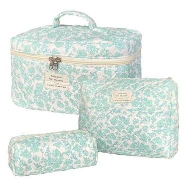 Imagem de Conjunto de bolsas de maquiagem WYJ Green Acolchoado Floral, 3 peças p