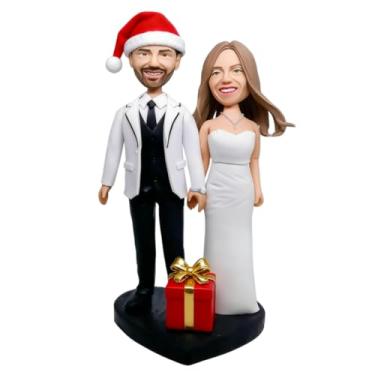 Imagem de Bobblehead de casamento de Natal personalizado feito à mão - Estatueta personalizada de noiva e noivo com chapéu de Papai Noel, caixa de presente, perfeita para decoração de casamento e lembrança
