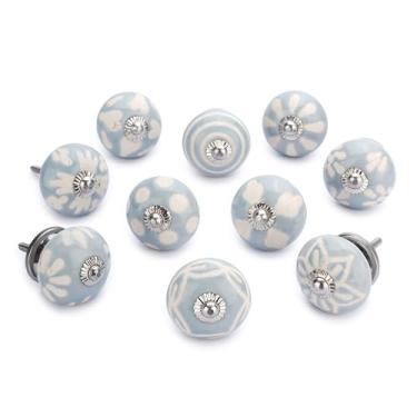 Imagem de Ajuny Puxadores de cerâmica pintados à mão para porta de gaveta e móveis para cozinha, banheiro, cômoda, puxadores decorativos, puxador de acabamento brilhante, cinza e branco, pacote com 10