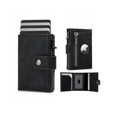 Imagem de DIENQI Porta-cartão inteligente masculino para AirTag: couro PU, compatível com Apple Air Tag, bloqueio RFID, fino, fibra de carbono, minimalista, três dobras - capacidade para 10 cartões | janela