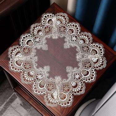 Imagem de Wuluwala Toalha de mesa quadrada de cabeceira, capa de mesa de cabeceira, toalha de mesa de renda de macramê, bordada, pequena capa de mesa de renda para festivais de casamento, festas de fim de ano