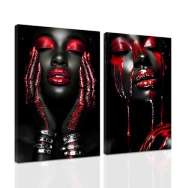Imagem de ZXHYWYM 2 peças de arte de parede afro-americana, fotos de mulher negra, decoração de parede de quarto de menina vermelha, impressão em tela feminina afro-americana, decoração de quarto de casa