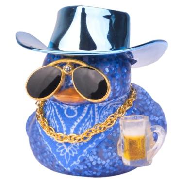 Imagem de MuMyer Decoração de painel de carro de pato de borracha colorida, ornamentos de patos de carro com mini chapéu de caubói colar de óculos de sol