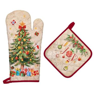 Imagem de Arquiel Conjuntos de luvas de forno e suportes de panela para árvore de Natal, 2 peças, 100% algodão, resistentes ao calor, luvas de forno extralongas para cozinha, cozinha, decoração de panificação