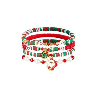 Imagem de Pulseiras de Amizade Elásticas de Coração Vermelho Papai Noel Banhado a Ouro Bonito Heishi Argila Verde Vermelho Branco Miçangas Empilháveis Joias Modernas, Pacote com 4 Pulseiras