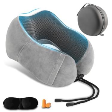Imagem de Travesseiro de pescoço para viagens de avião, almofada de viagem de espuma viscoelástica para dormir com encosto de cabeça, vem com bolsa de armazenamento. Tampões de ouvido e máscara para os olhos