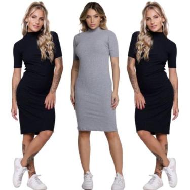 Imagem de KIT 3 Vestido Midi Manga Curta WLS Modas Gola Alta Blogueira Canelado 