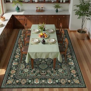 Imagem de Tapete floral verde escuro para sala de estar, 12 x 18 cm, lavável, boho, vintage, oriental, grande, dobrável, para quarto, berçário, dormitório, sala de jogos, escritório