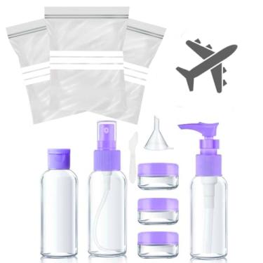 Imagem de 15un Saco Zip Fecho P/Aeroporto Transporte De Líquido Viagem Voos Internacional 22x15 Transparente P/Bagagem De Bordo + Kit De Viagem Frascos 50ml Funil Espatula Necessaire P/Avião (ROXO)