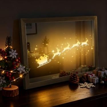 Imagem de VIYYIEA Decoração de Natal + espelho + luz LED, design versátil 3 em 1, arte de parede Golden Elk, espelho decorativo com alimentação USB, decoração de parede iluminada moderna para sala de estar 51