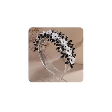 Imagem de Rumtock Flor branca, contas de cristal preto, coroa de casamento, tiara de noiva feita à mão com pétalas de strass para ocasiões especiais, banquete, joia de prata (preto)