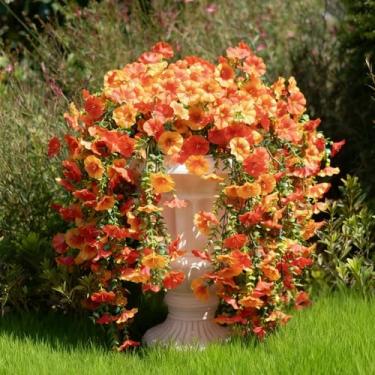 Imagem de BLISOUL 2 peças de flores artificiais de outono para decoração ao ar livre, glória matinal realista de seda resistente a UV com eucalipto para decoração de casa de outono, varanda e jardim (laranja