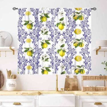 Imagem de Cortinas de cozinha de limão, rústica, amarelo, fruta, fazenda, flor, retrô, folhas azuis, estampa de planta de verão, estampada, sala de estar, quarto, cortinas de janela, tratamento, 2 painéis, 139