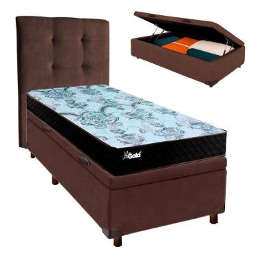 Imagem de Conjunto Cama Box Bau Marrom Solteiro + Colchão Molas Ensacadas Life Gold Paropas + Cabeceira