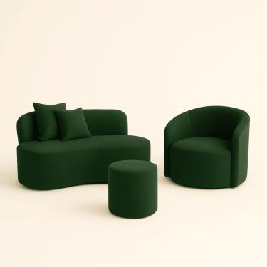 Imagem de Conjunto 01 Poltrona + Sofá  e 1 Puff Curvo Orgânico Nature Gaia Sued Verde - Montanaris Decor