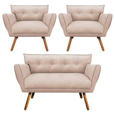 Imagem de Kit 1 Namoradeira 2 Lugares e 2 Poltronas Anitta Suede Pés Palito Castanho - D'Rossi