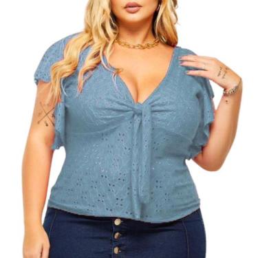 Imagem de Blusa Plus Size Feminina Gola V Amarração Manga Laise Renda de Malha -