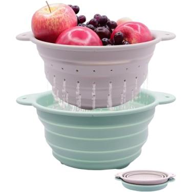 Imagem de FUSMYE Conjunto de tigela de escorredor de silicone dobrável, livre de BPA, resistente ao calor, encaixe de aço inoxidável, cesto de lavagem portátil, bacia de drenagem para acampamento, caminhada