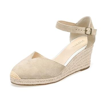 Imagem de Sandália plataforma plataforma plataforma anabela para mulheres, anabela de 7,6 cm, tira no tornozelo, bico cavado, sapatos de salto alpargatas de verão, Beige-2.5" Heel, 9.5