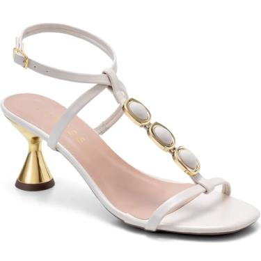 Imagem de Sandália Feminina Lumiss Salto Baixo Taça Dourado Confortável Enfeite Pedras Fivela offwhite34