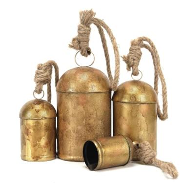 Imagem de Whololovein Pacote com 4 sinos de vaca de Natal rústicos de harmonia gigante, sinos grandes de metal com corda para pendurar na porta da guirlanda da lareira, escada, parede