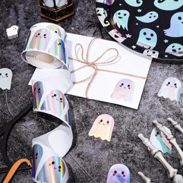 Imagem de Adesivos de fantasma de Halloween, 500 peças rolo a laser fofo boo fantasma holográfico à prova d'água autoadesivo decalques para decoração de diário de envelope suprimentos de festa