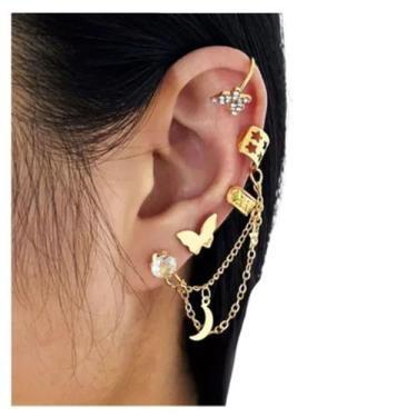 Imagem de Kit 4 Brincos Piercing de Pressão Orelha Borboleta  Banhado Dourado - 