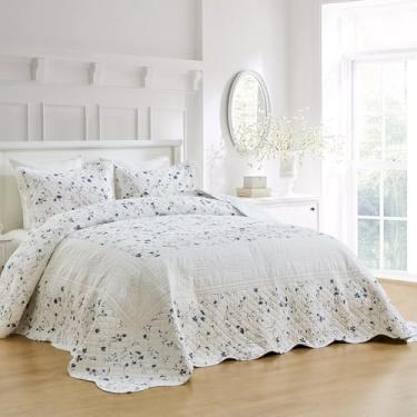Imagem de SOElinens Colchas Queen 102 x 120 - Conjunto de colcha queen extragrande, edredom fino e leve, conjunto de cama reversível floral azul de 3 peças com borda recortada, 100% algodão