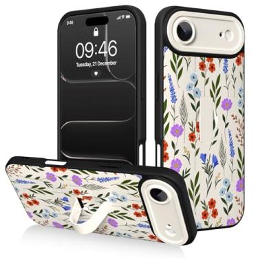 Imagem de AIGOMARA Capa para iPhone Air com suporte de alça de dedo, design de estampa floral fofa para mulheres e meninas, capa protetora à prova de choque antiarranhões com suporte de mão, branca