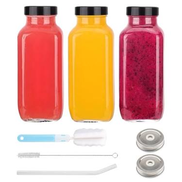 Imagem de Garrafas de vidro de 473 ml com tampas, 3 recipientes de suco reutilizáveis, garrafas de água, frascos de vidro para sucos, vitaminas, kombucha, gengibre, leite
