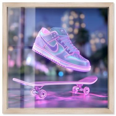 Imagem de Tênis neon pastel City Beach Lights Shadowbox Print Pink Fashion Art by Art Remedy, moldura loira, 50 x 50 cm