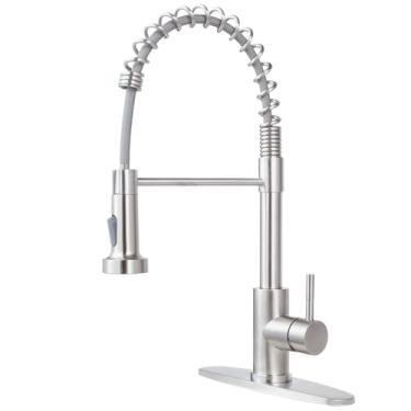 Imagem de Comllen Torneira de cozinha com pulverizador de puxar para baixo, aço inoxidável de níquel escovado, 1 manípulo, torneiras de pia de mola, 1 furo ou 3 furos, dupla função para uso ao ar livre