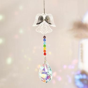 Imagem de Requintado apanhador de sol de asa de anjo com cristal de lágrima e contas de arco-íris, enfeite de pendurar boêmio feito à mão para decoração de jardim, presente exclusivo para o dia