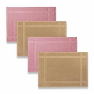 Imagem de Tapetes de Banheiro Karsten, 100% Algodão Premium, Kit 4 Peças, Moderno, Retangular, 45x65cm - Rosa Retrô com Marrom